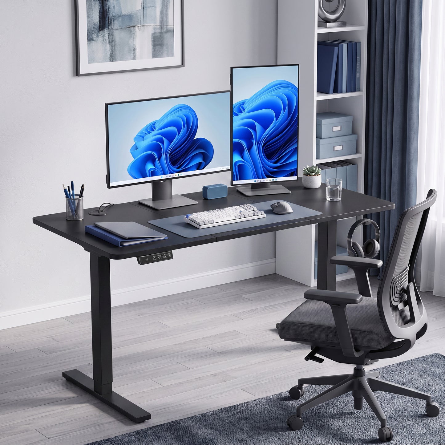 HOMCOM Standing Desk Memory Control Height Adjustable Desk 2 Cable Holes LED Display Sit Stand Desk Black