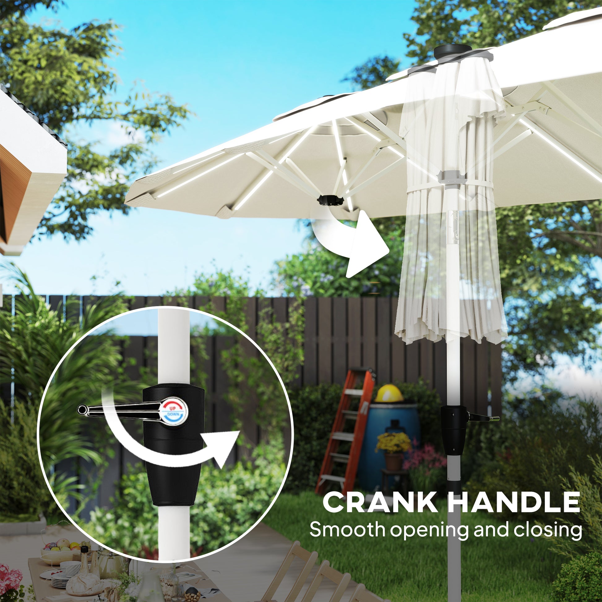 Outsunny 3 m Double-Sided Garden Parasol with LED Solar Lights, Outdoor Extra Large Sun Umbrella with Crank Handle, Cream White