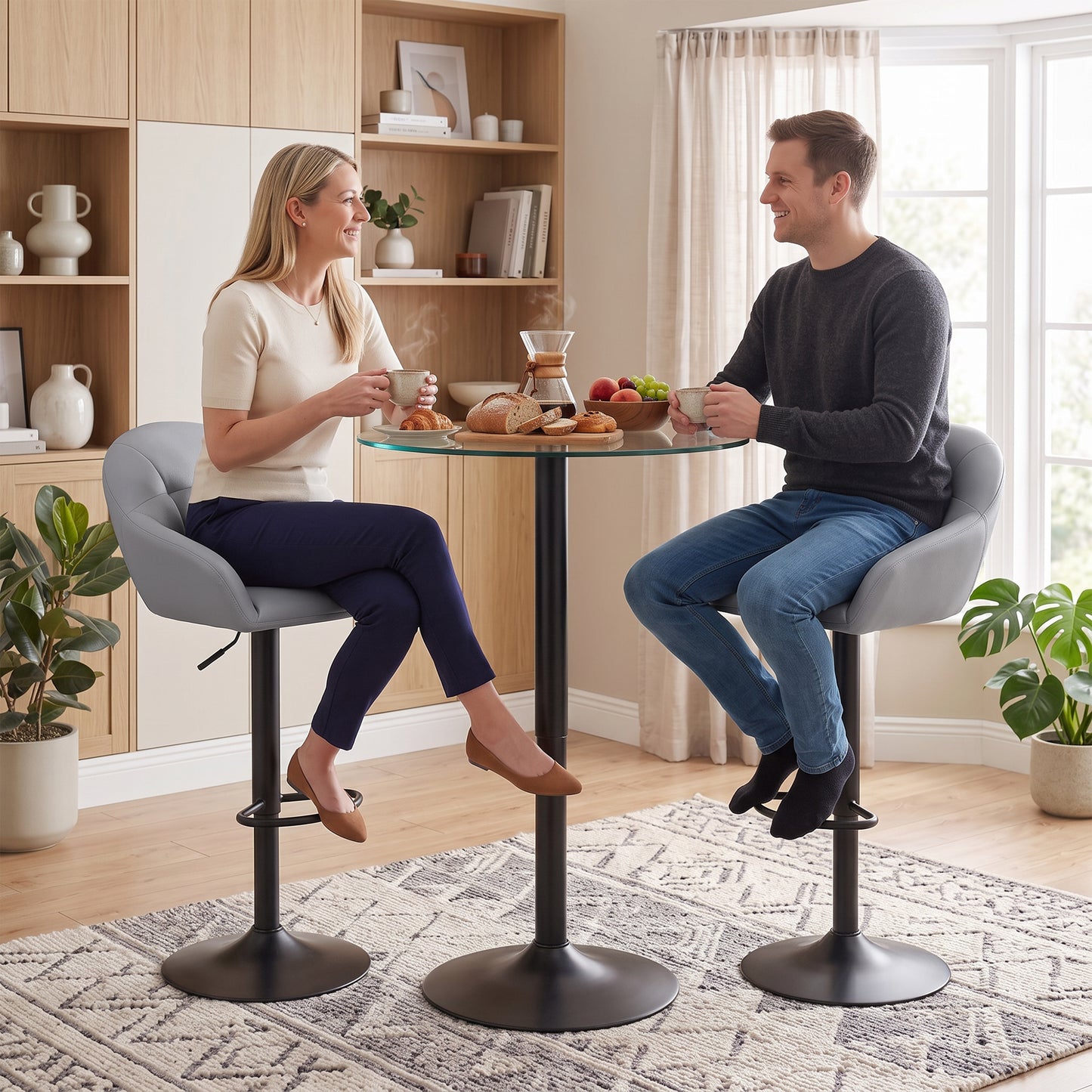 HOMCOM Bar Stools Adjustable Heights Breakfast Bar Stools Backrest Armrests Set of 2 with Rubber Ring Metal Base, Grey