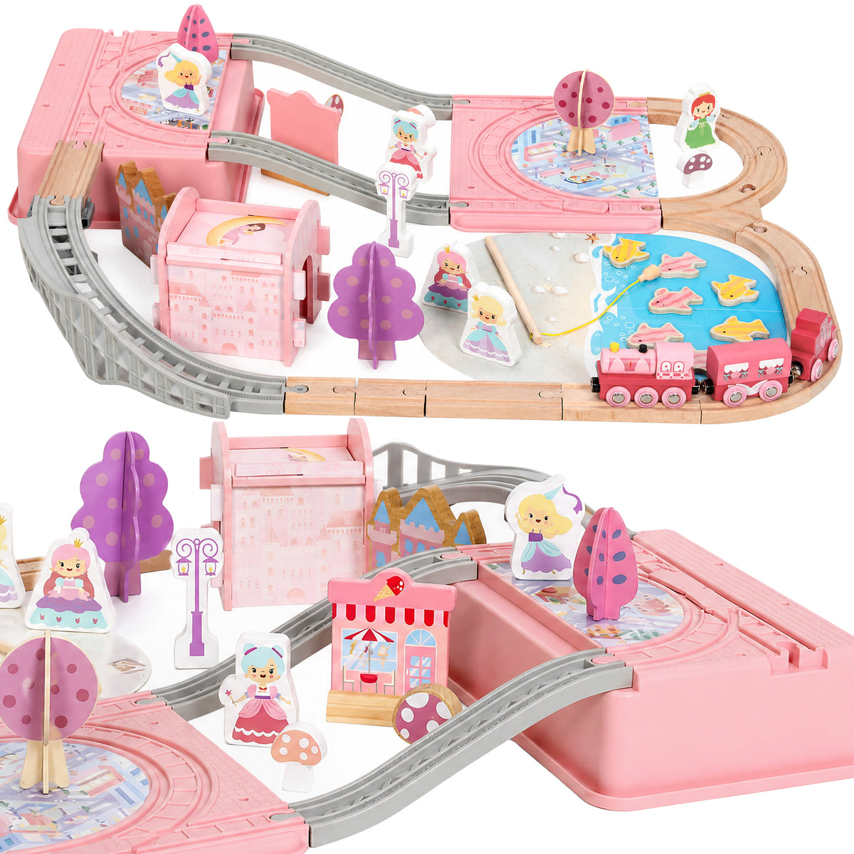 AIYAPLAY Wooden Train Set, 58PCS Train Track Set with 17 Track Pieces, 5 Princess Figures and Accessories Default Title