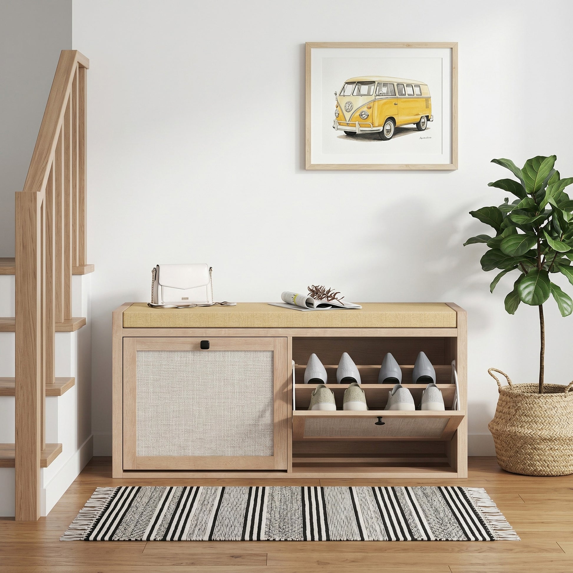 HOMCOM Rattan Shoe Bench with Padded Cushion and 2 Cabinets for Hidden Storage, Oak Wood Effect