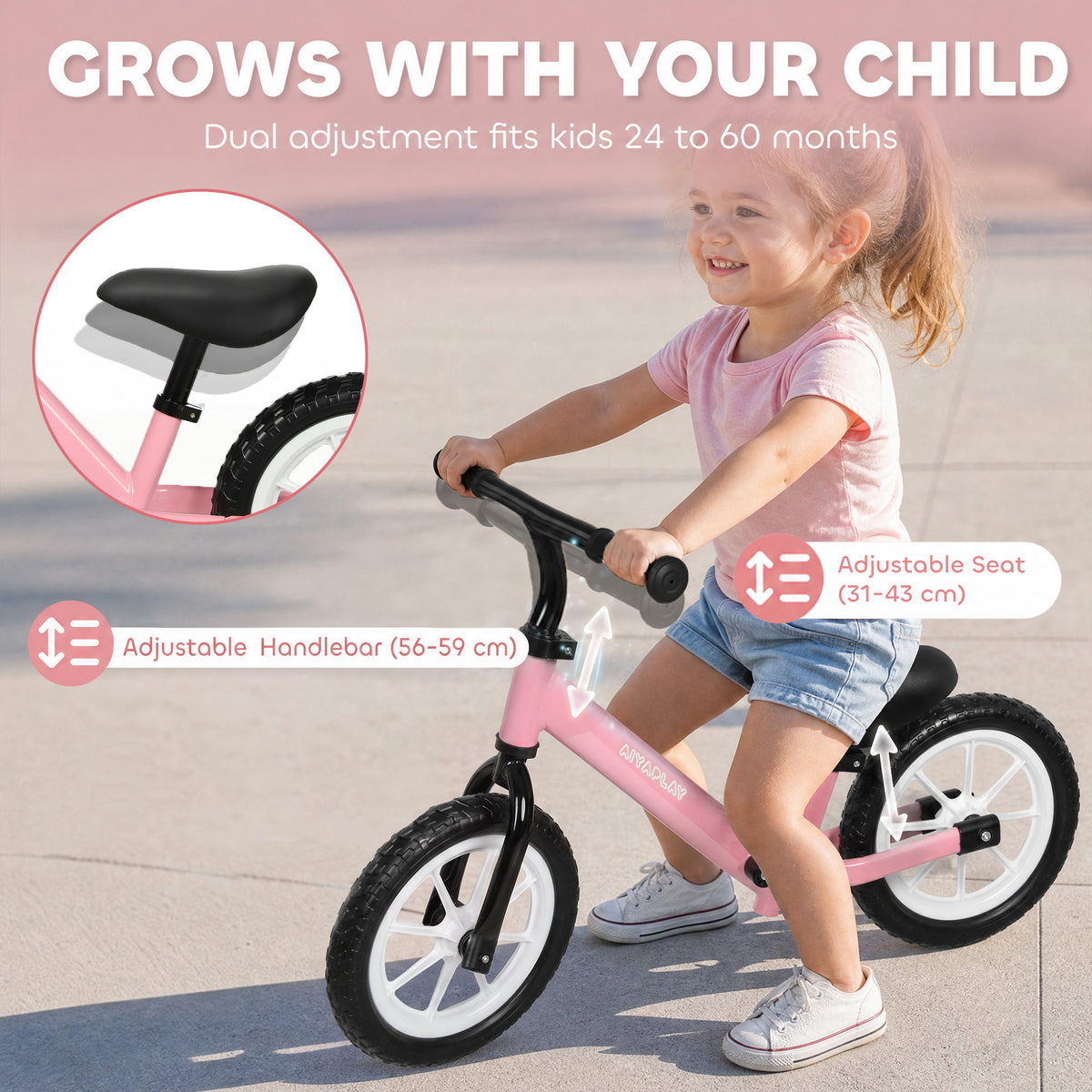 AIYAPLAY 11.2" Balance Bike for 2-5 Years, Toddler Bike with Lighting Wheels, Adjustable Seat & Handlebar, 360Â° Steering, Pink