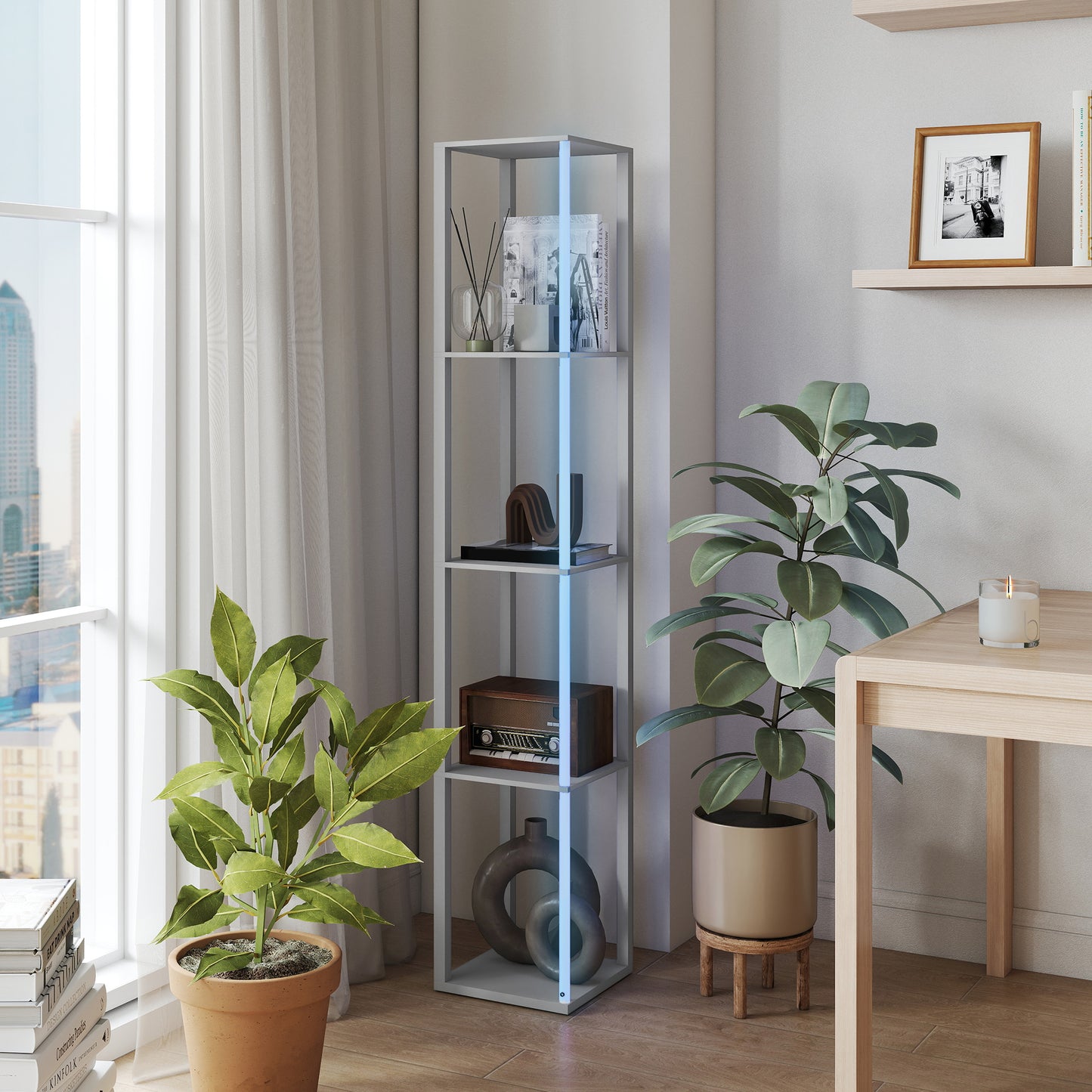 HOMCOM RGB LED Floor Lamp with Shelves, Modern Dimmable Standing Lamp with Remote Control, Adjustable Brightness & Speed for Living Room, Bedroom, Office, Grey