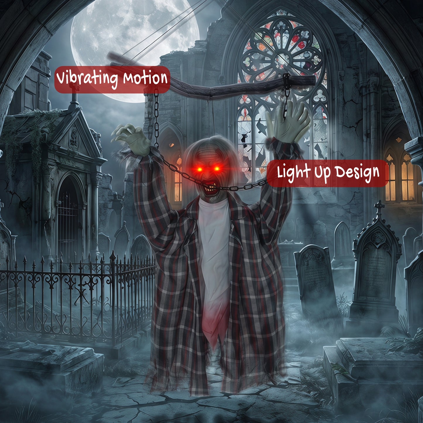 HOMCOM 110cm Screaming Animated Hanging Halloween Decoration, Sound Touch Activated Zombie Decor with Glowing Red Eyes