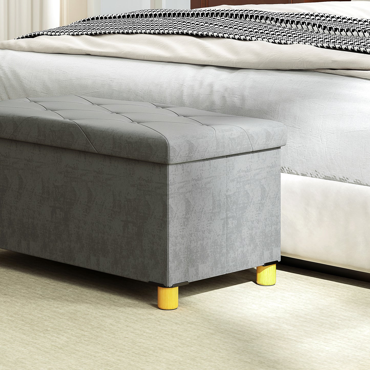 HOMCOM Velvet Upholstered Foldable Ottoman Footrest, Storage Ottoman Bench with Wood Legs for Living Room, Grey