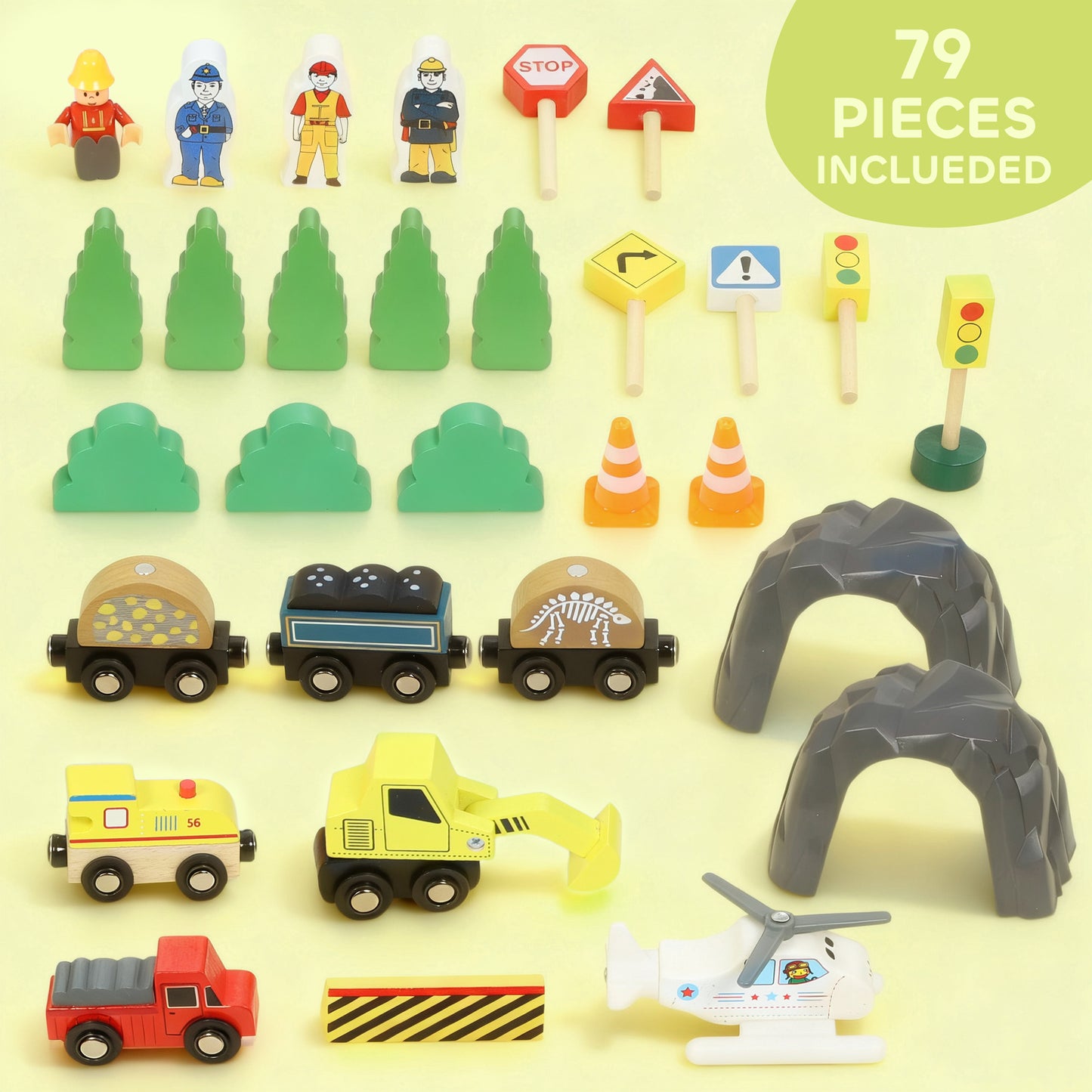 AIYAPLAY 79 Piece Wooden Train Set, Kids Train Track Mine Themed with Crane, Helicopter