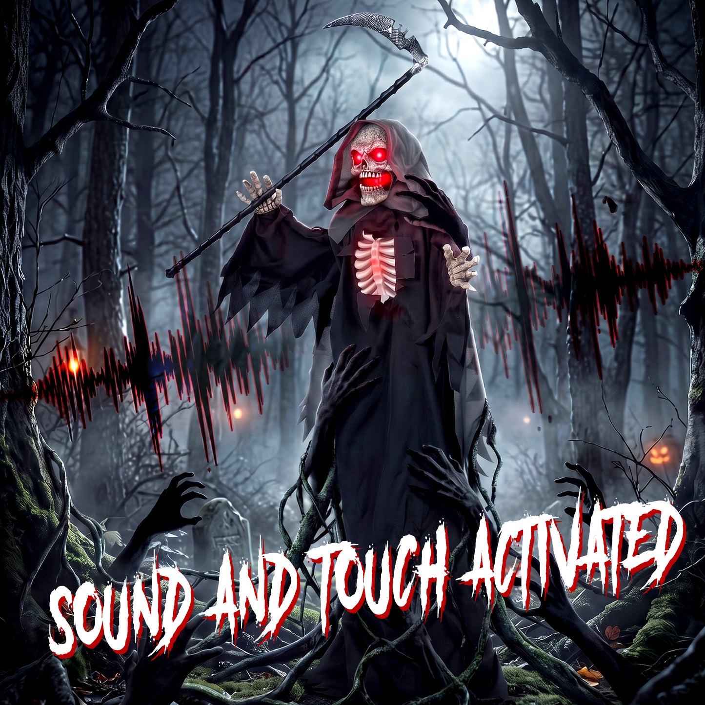 HOMCOM 170cm Life Size Animated Grim Reaper Halloween Decoration, Scary Halloween Animatronics Decor with Sound Touch Activated