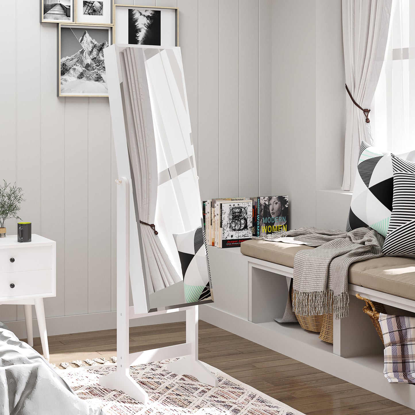 HOMCOM Jewelry Cabinet Standing Mirror Full Length Makeup Lockable Armoire Storage Organizer White