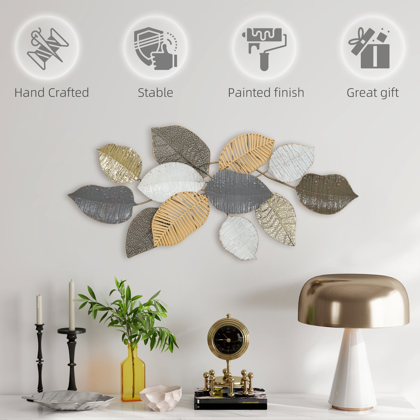 HOMCOM Metal Wall Art, Modern Hanging Wall Decor with Unique Leaf Design for Living Room Bedroom Entryway