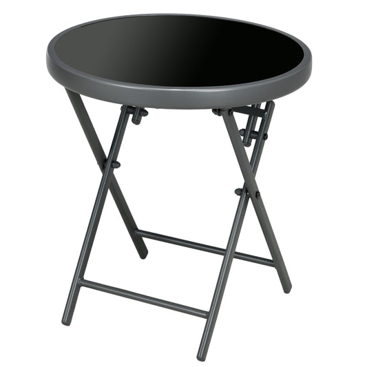 Outsunny Î¦45cm Garden Side Table, Outdoor Round Folding Patio Table with Imitation Marble Glass Top, Small Coffee Table, Black