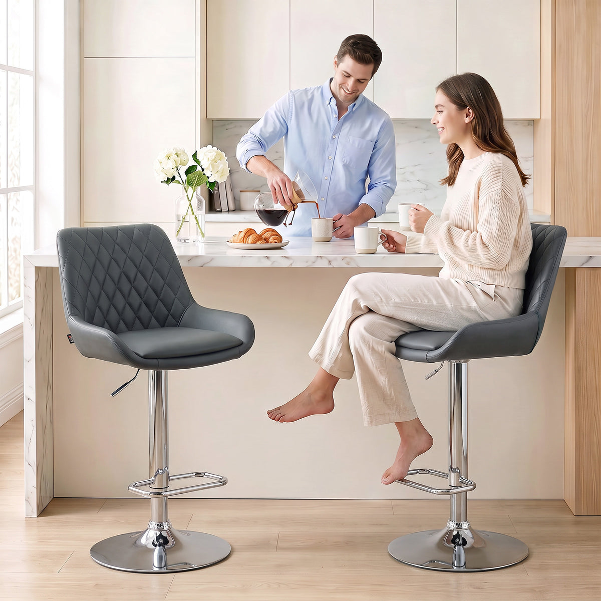 HOMCOM Grey Bar Stools Set of 2, Upholstered Retro Bar and Kitchen Chairs with Back, Swivel Seat, PU, Dark Grey