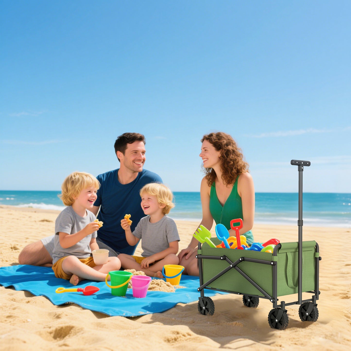 Outsunny 62L Festival Trolley on Wheels, Portable Small Folding Trolley Cart, 60kg Heavy Duty Collapsible Foldable Wagon with Adjustable Handle and Carrying Bag for Beach, Camping, Garden, Green