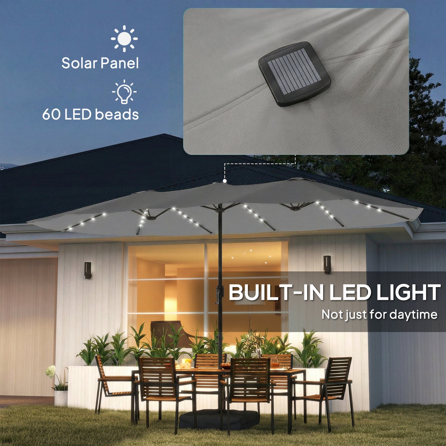 Outsunny Patio Umbrella Double-Sided Outdoor Umbrella with Solar Lights Base, Grey
