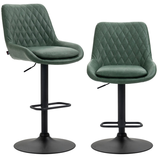 HOMCOM Retro Bar Stools Set of 2, Adjustable Kitchen Stool, Upholstered Bar Chairs with Back, Swivel Seat, Green
