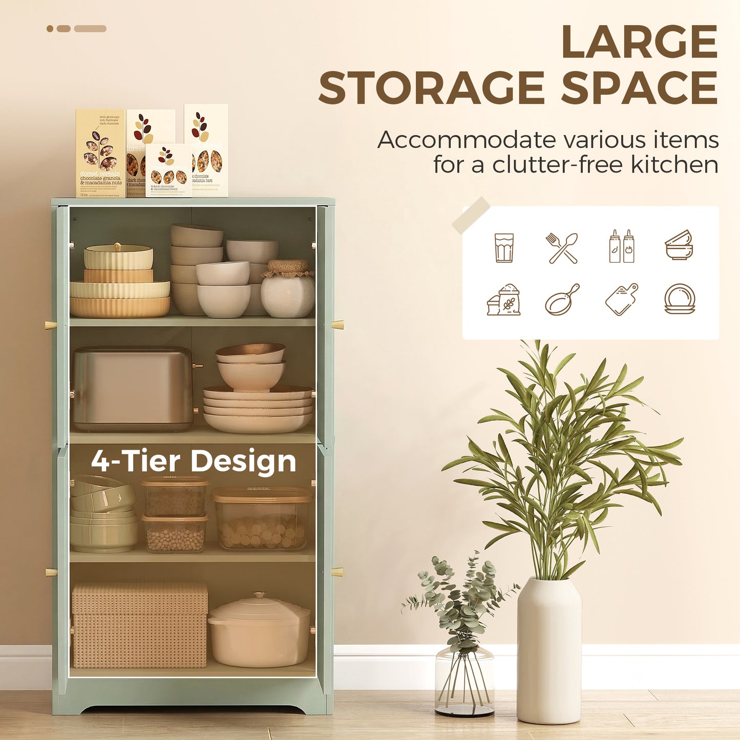 HOMCOM 4-Door Kitchen Storage Cabinet with Adjustable Shelves - Green