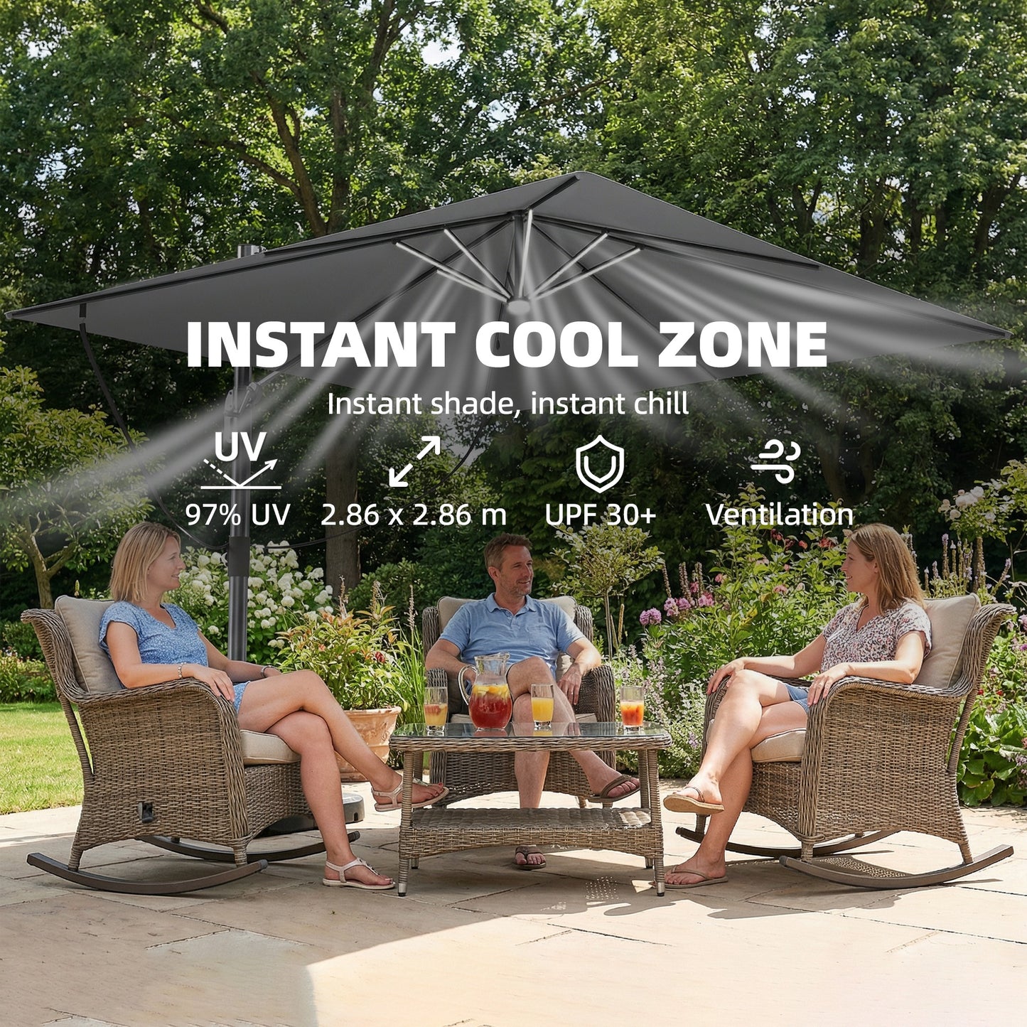 Outsunny 3 x 3 m Garden Cantilever Parasol with Light, Cover, Overhanging Umbrella w/ Wind Protection, 360Â° Rotation, Light Grey