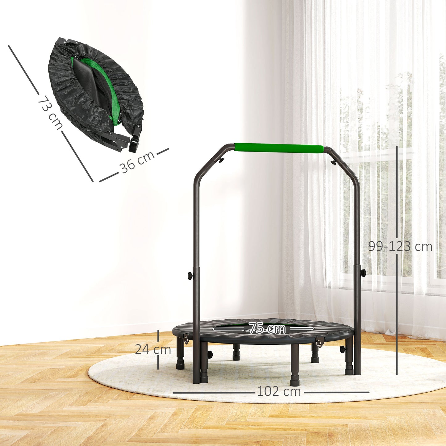 HOMCOM 40" Foldable Mini Fitness Trampoline, with Adjustable Foam Handle, Green - LiamsBargains.co.uk
