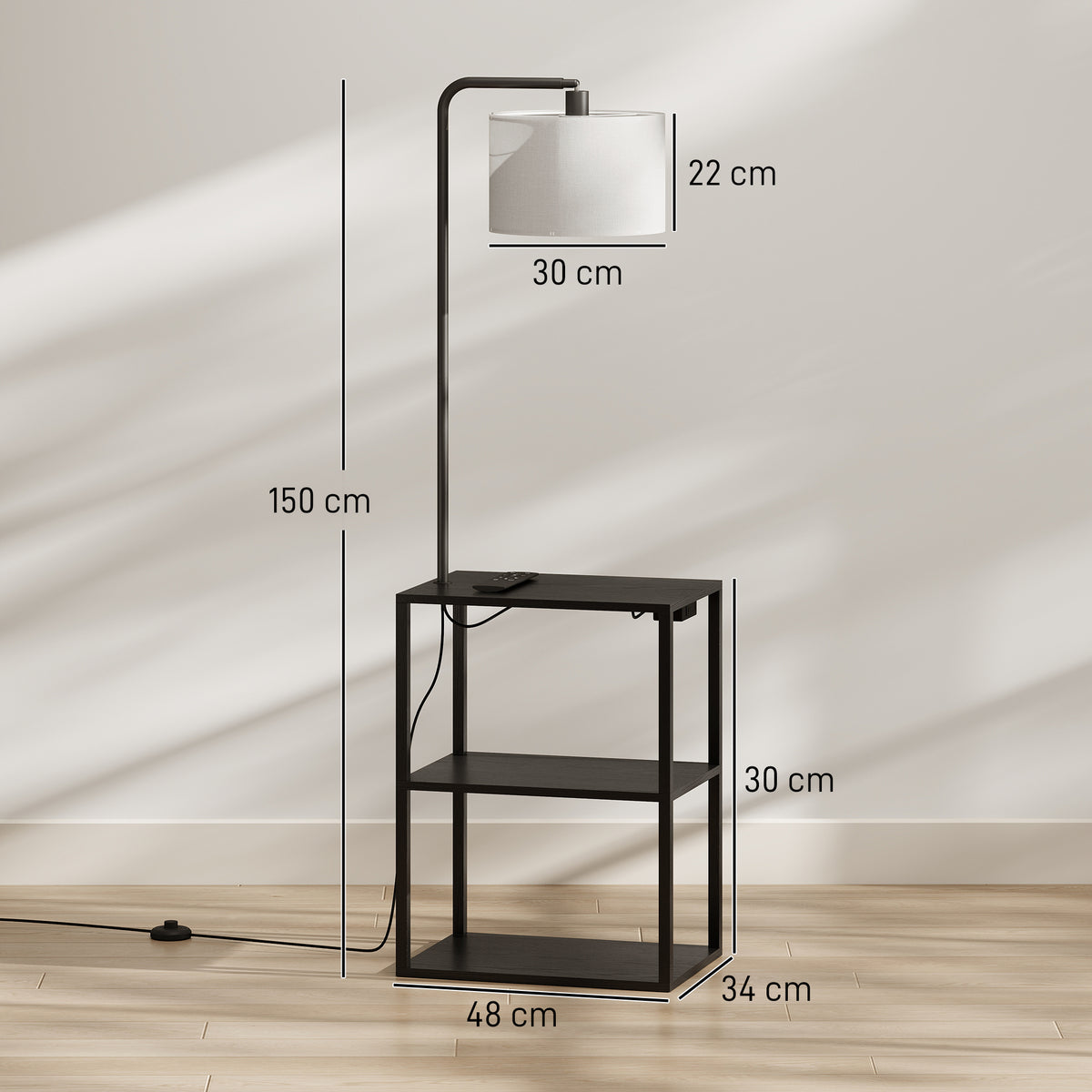 HOMCOM Dimmable Floor Lamp with Shelves, Charging Station, 3-Tier Storage Table, Adjustable Fabric Lampshade, Black