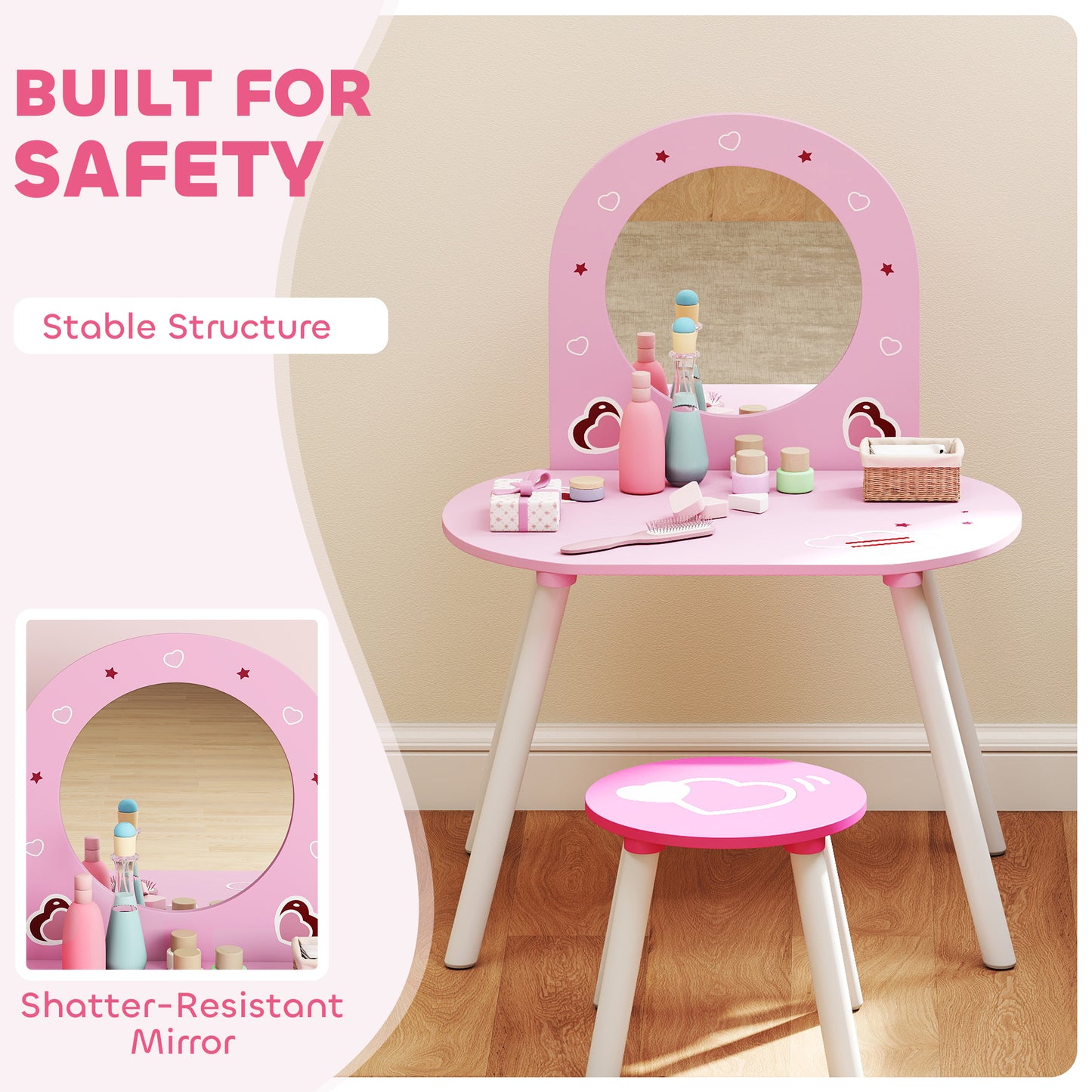 AIYAPLAY Kids Dressing Table with Mirror and Stool, Girls Vanity Set for Kids Room, Bedroom, Nursery, for Ages 3â€“6 Years, Pink