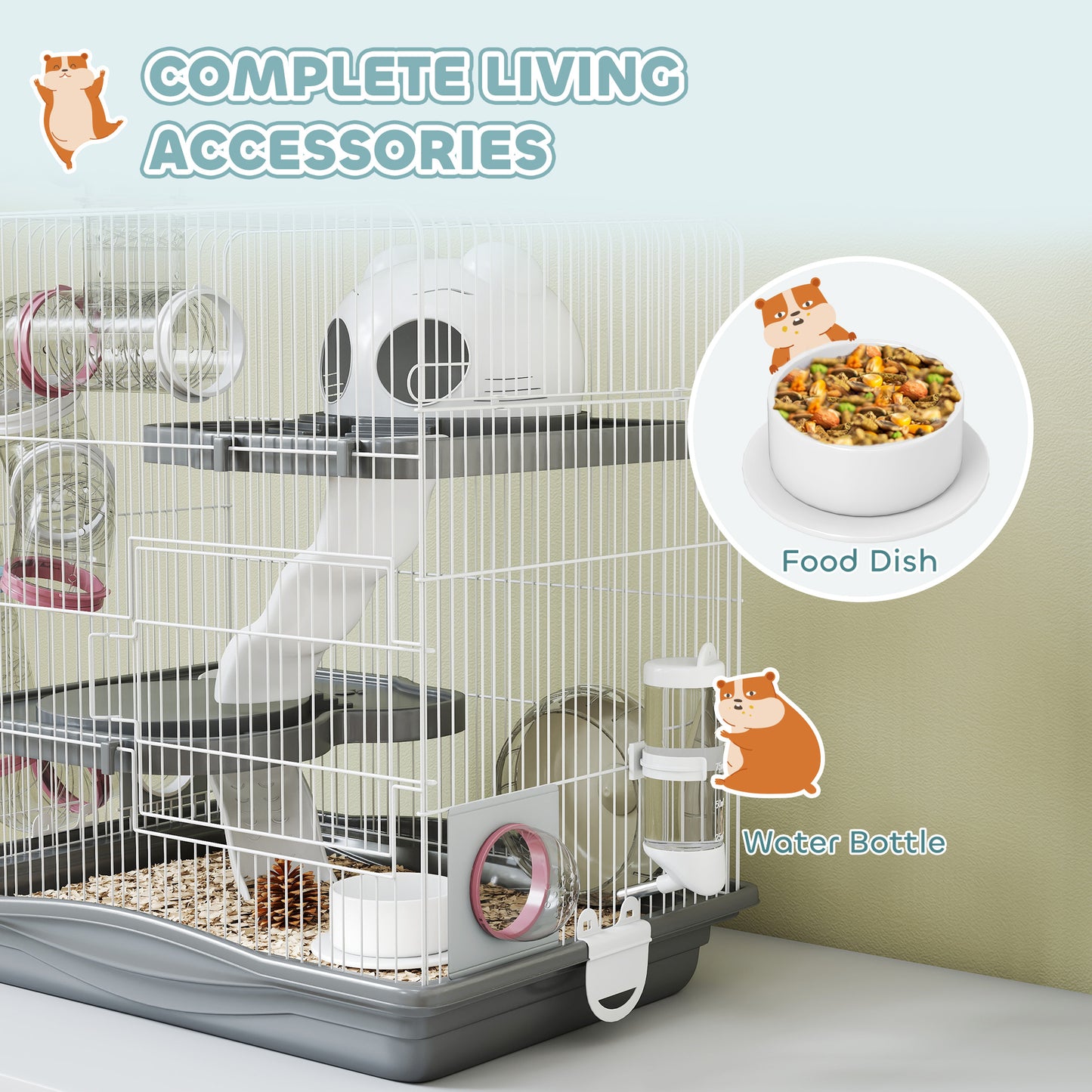 PawHut 3-Tier Hamster Cage with Exercise Wheels, Water Bottle, Food Dish, for Dwarf Hamsters, 45 x 30 x 45 cm, Grey