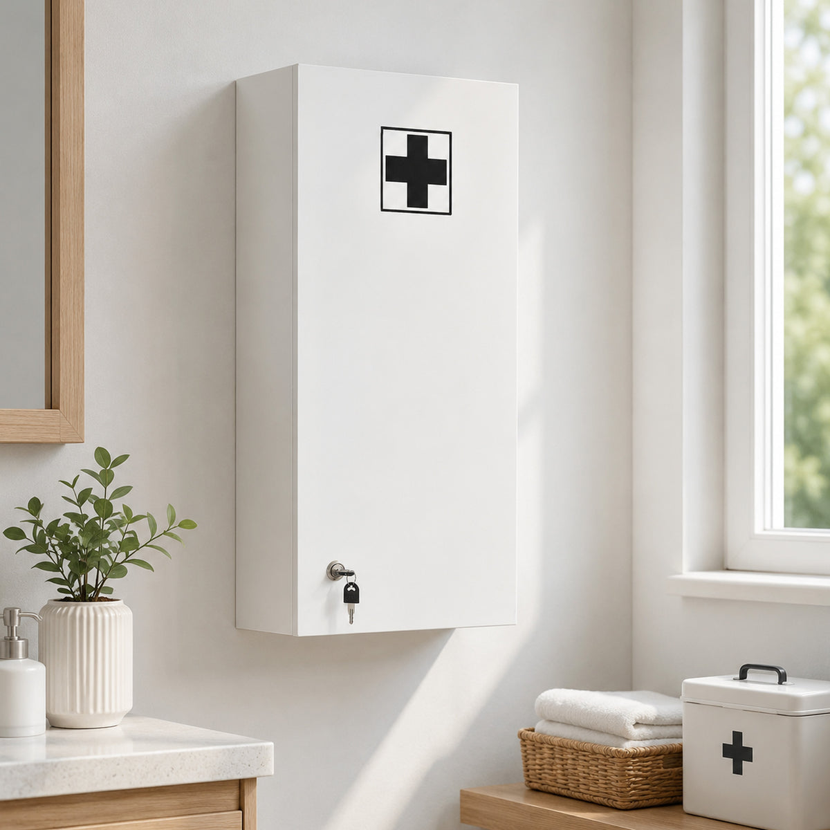 kleankin Wall Mounted Medicine Cabinet, First Aid Cabinet with Adjustable Shelves, Lockable with 2 Keys, White