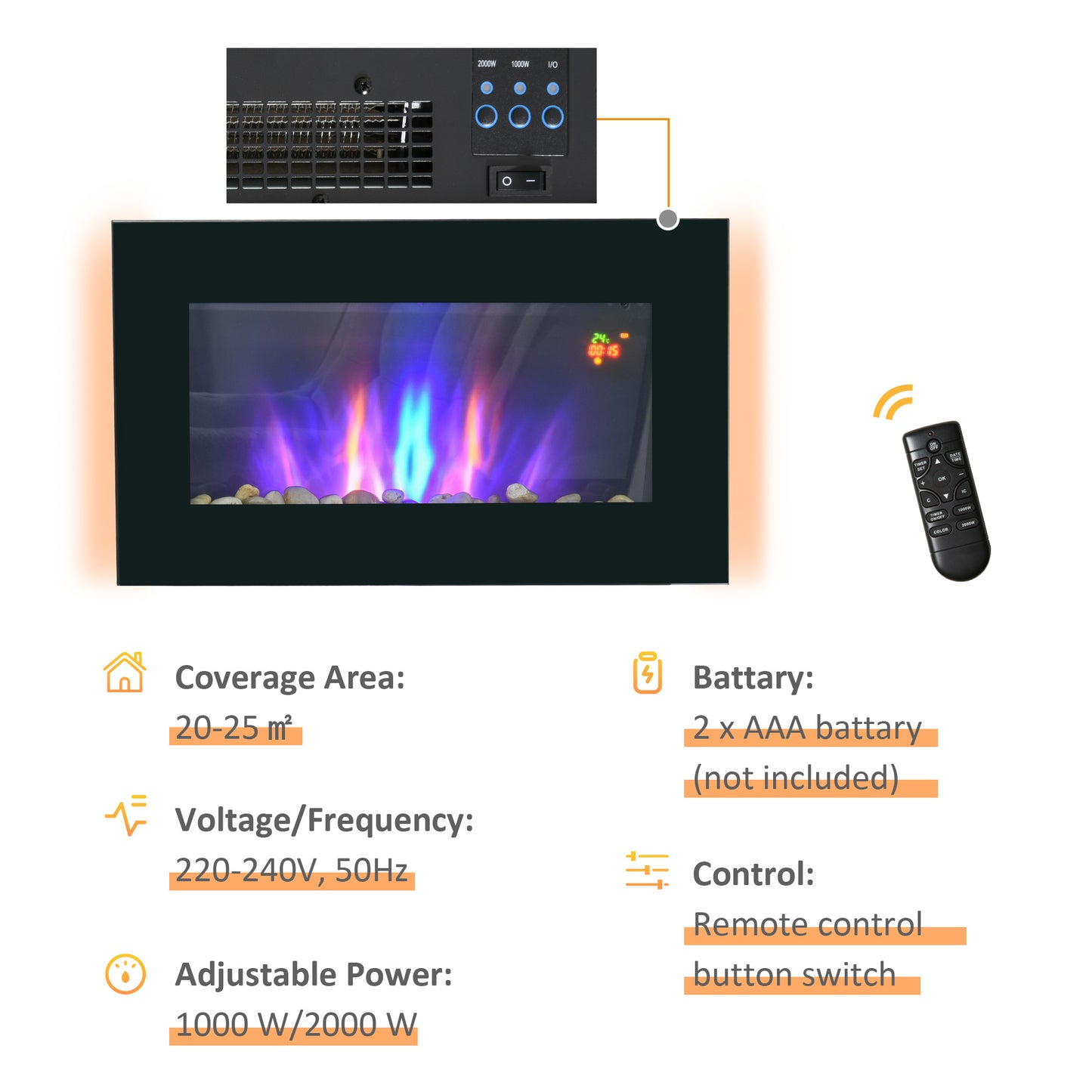 HOMCOM 1000W/2000W Electric Wall Fireplace w/ LED Flame Effect Timer Remote Sleek Stylish Safe Home Heating 20-25ãŽ¡