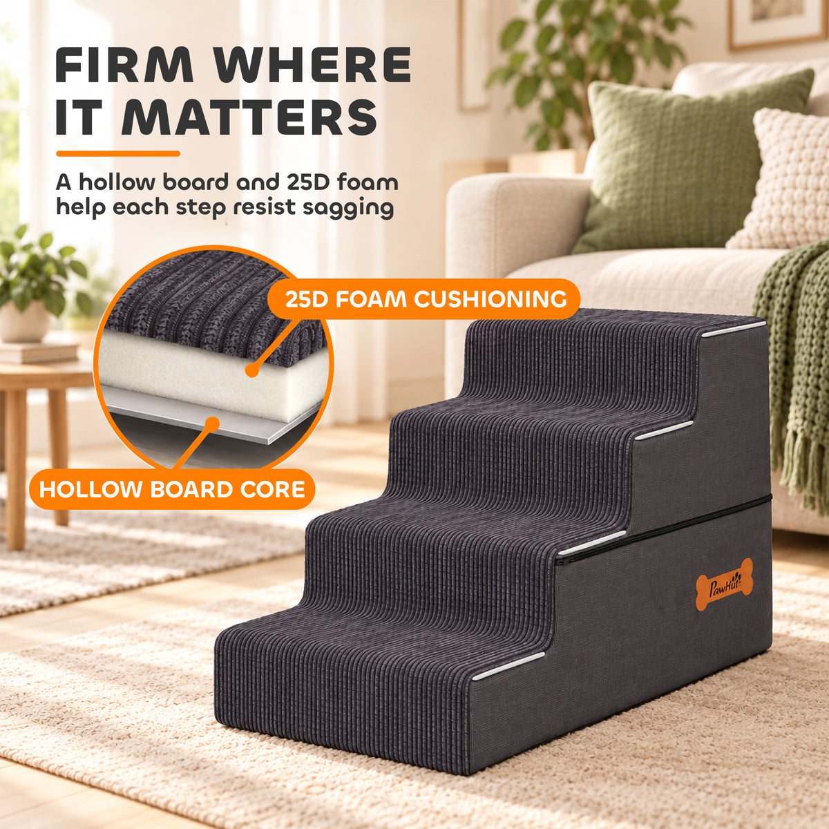PawHut Dog Steps, 4-Step Dog Stairs for Bed and Sofa, Pet Stairs with Carry Handle, Washable Cover