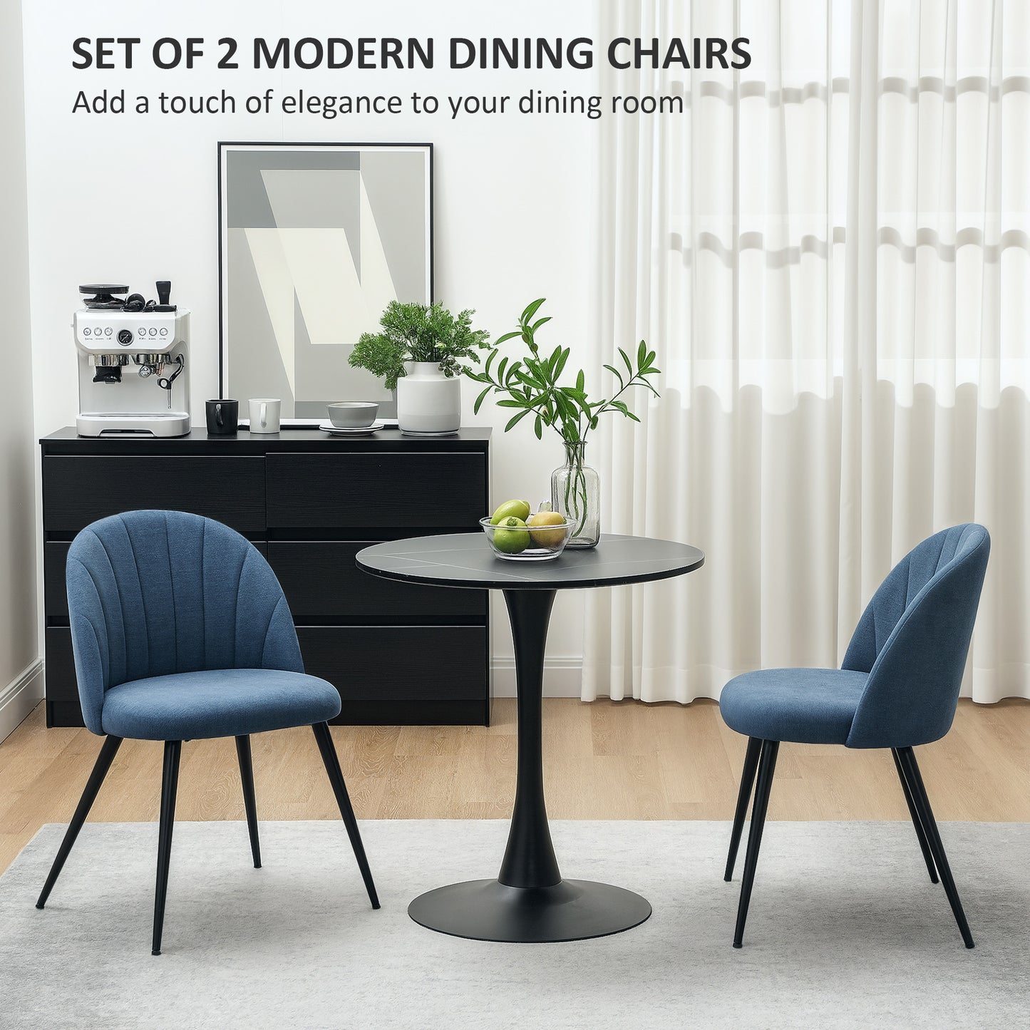 HOMCOM Dining Chairs Set of 2, Modern Upholstered Kitchen Chairs with Metal Legs, Shell Backrest and Padded Seat for Dining Room, Bedroom, Living Room, Vanity, Blue