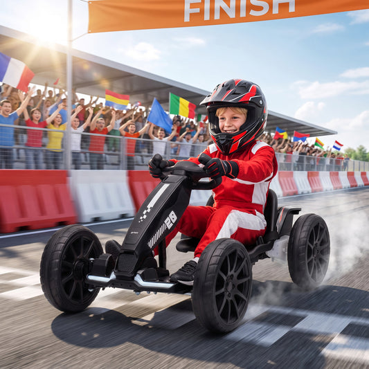 AIYAPLAY 12V Electric Go Kart for Kids with Dual Motors, Adjustable Seat, Soft Start, LED Lights, EVA Wheels, for Age 3-6, Black
