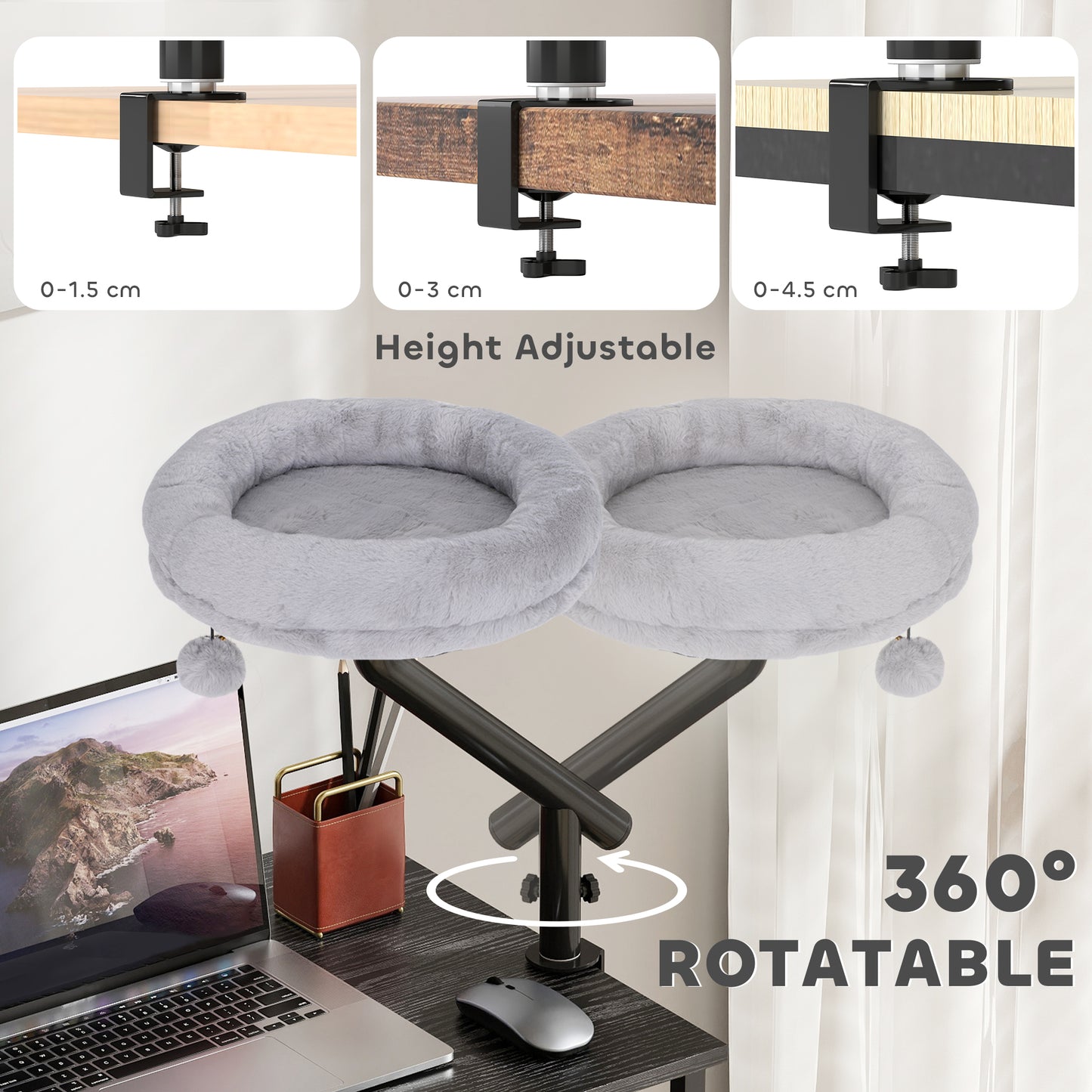 PawHut Cat Desk Bed, Cat Hammock 360Â° Rotatable Adjustable for Window, Table, Work, Grey