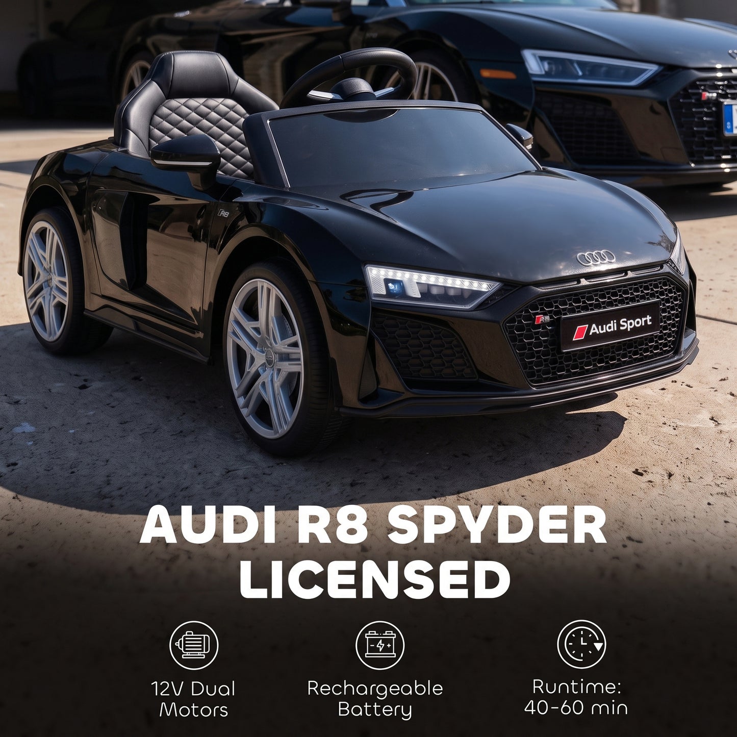 AIYAPLAY Licensed Audi R8 Spyder 12V Electric Car for Kids with Remote Control, Dual Motors, Rear Suspension, Soft Start, Black