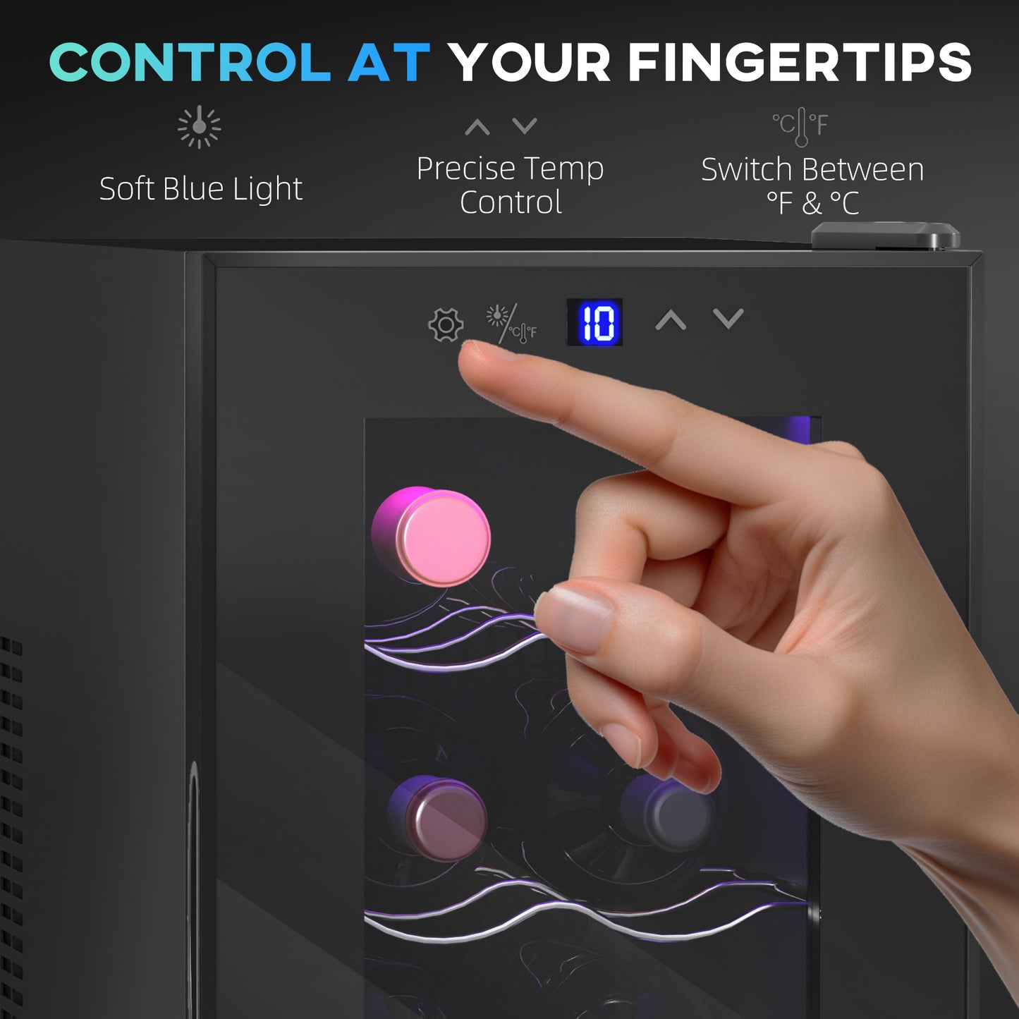 HOMCOM Mini Table Top Wine Fridge, 8 Bottle, 17L, 8-18â„ƒ, 26.5cm Quiet Under Counter Wine Cooler Fridge with Glass Door, LED Light, Digital Touch Screen, Temperature Control