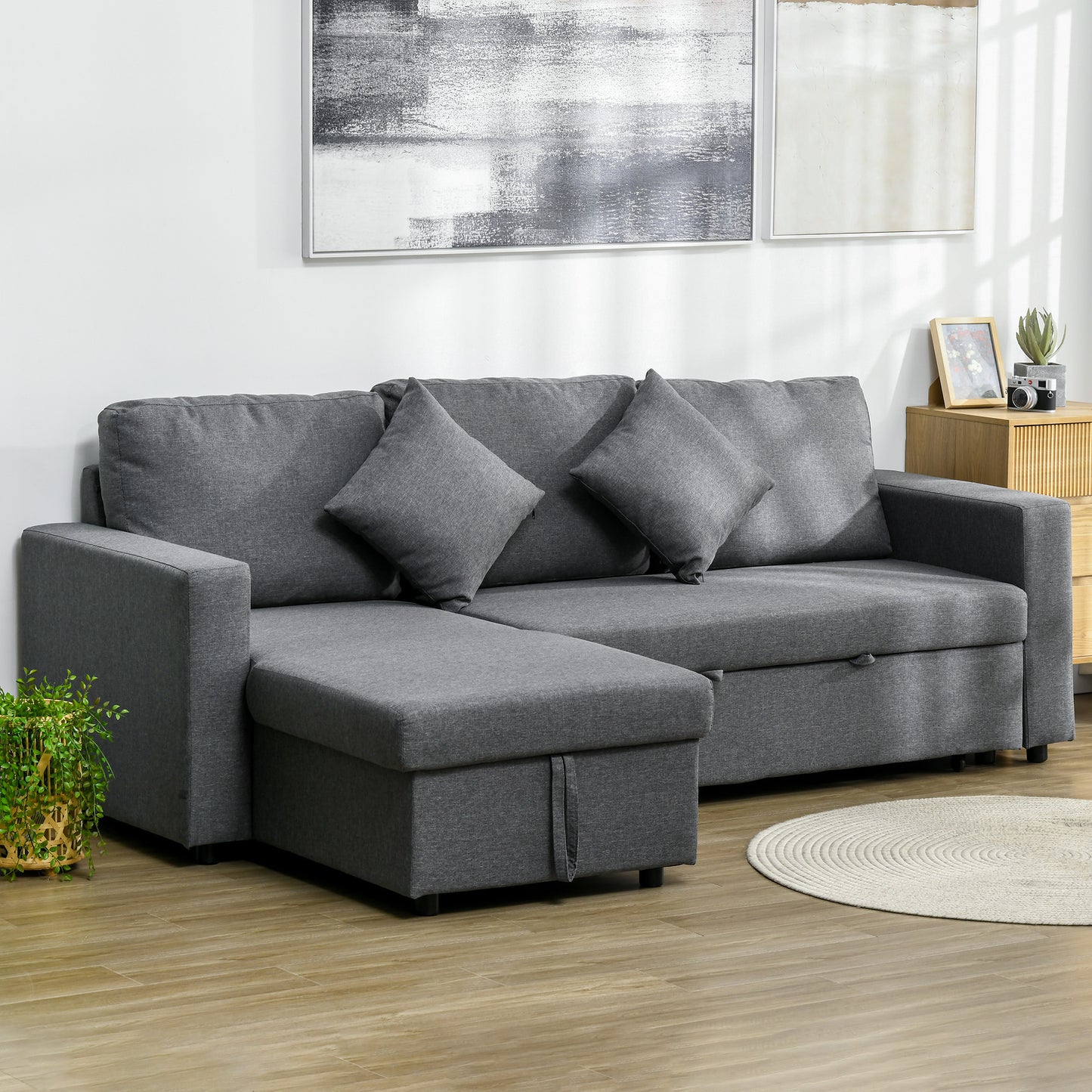 HOMCOM Corner Sofa Bed with Storage, 3 Seater Pull Out Sofa Bed, Pre-Assembled & Delivered to Your Home, Dark Grey