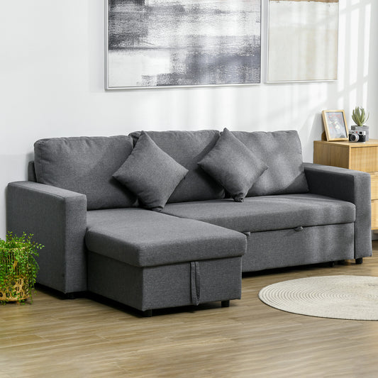 HOMCOM Corner Sofa Bed with Storage, 3 Seater Pull Out Sofa Bed, Pre-Assembled & Delivered to Your Home, Dark Grey
