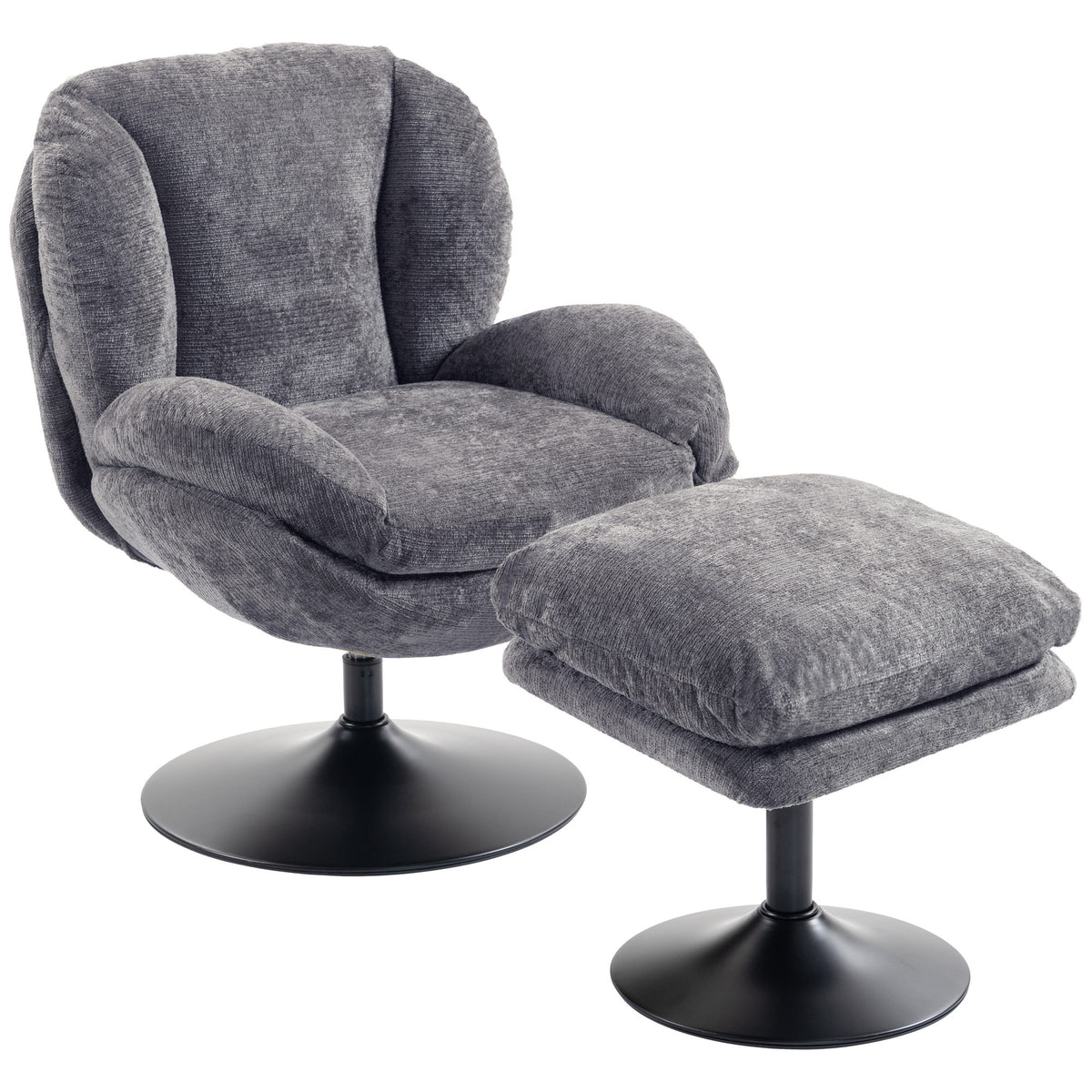 HOMCOM Modern Chenille Lazy Chair with Ottoman, 360Â° Swivel, Upholstered Reading Seat Set for Living Room, Dark Grey
