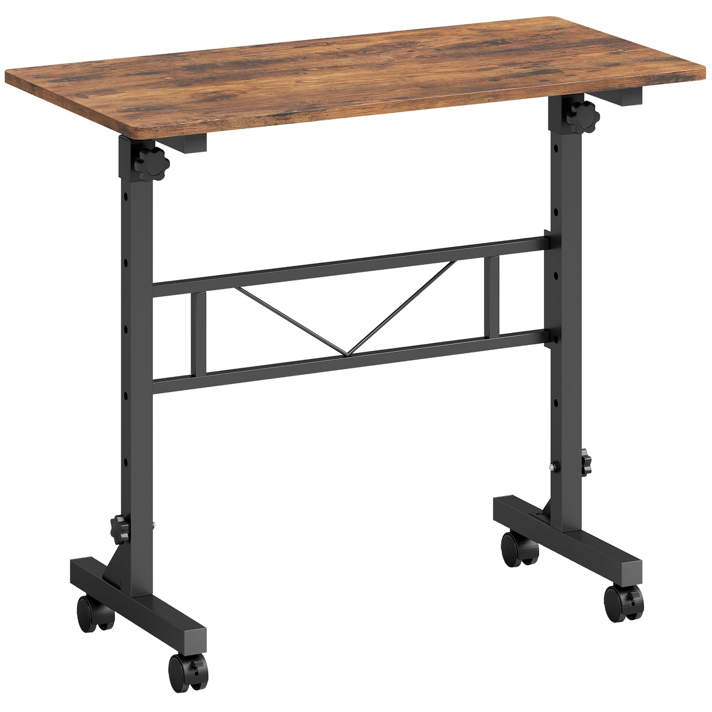 HOMCOM Overbed Table Adjustable Height Sofa Side Table with Wheels 80 x 40 cm Rustic Brown Black