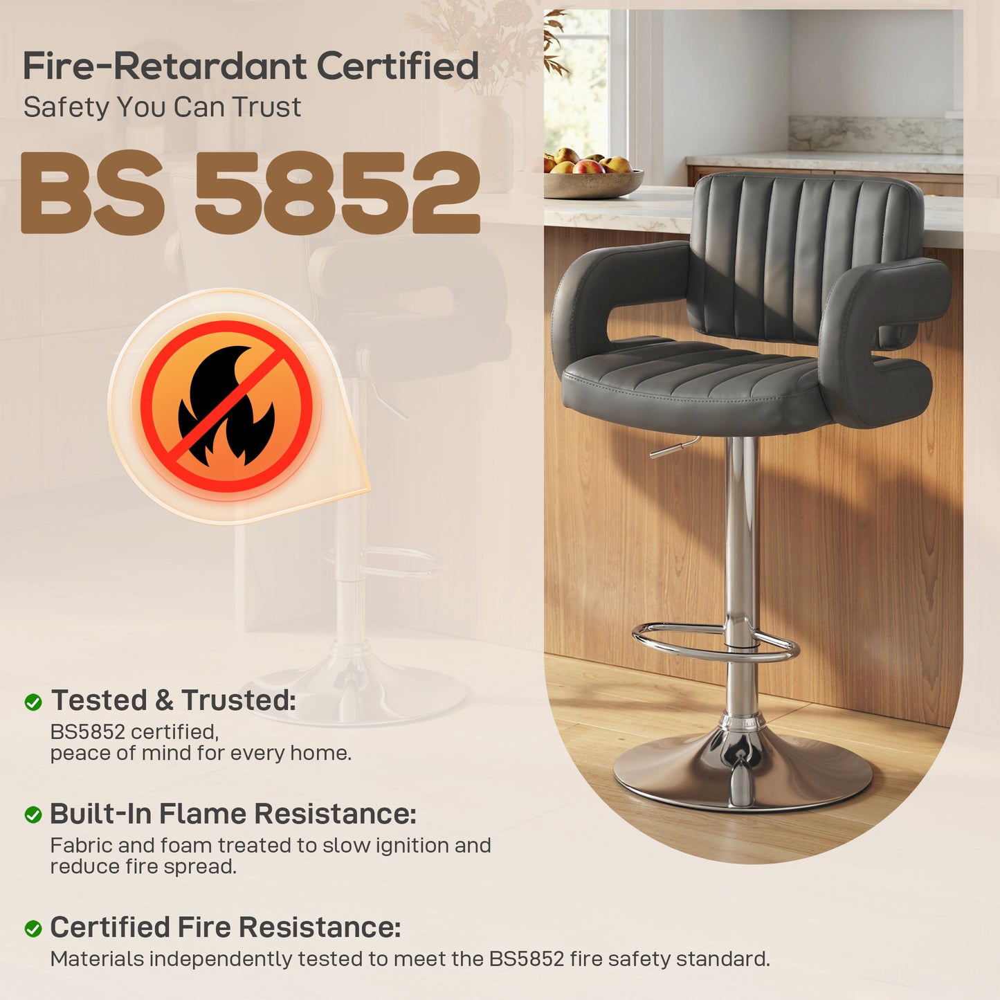 HOMCOM Bar Stools Adjustable Swivel Kitchen Chairs with Backrest Armrest Set of 2 PU Leather Grey