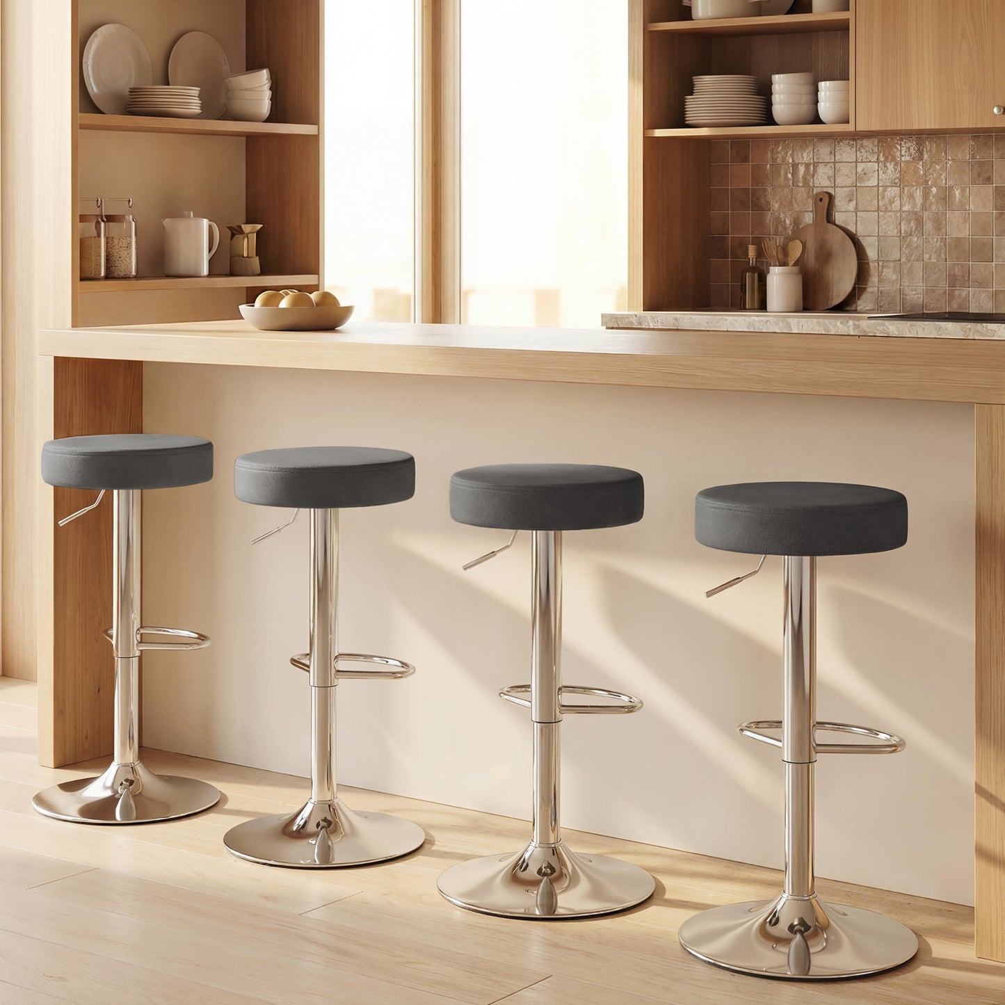 HOMCOM Bar Stools Set of 2, Modern PU Leather Swivel Barstools, Height Adjustable Breakfast Bar Chairs with Footrest, Grey