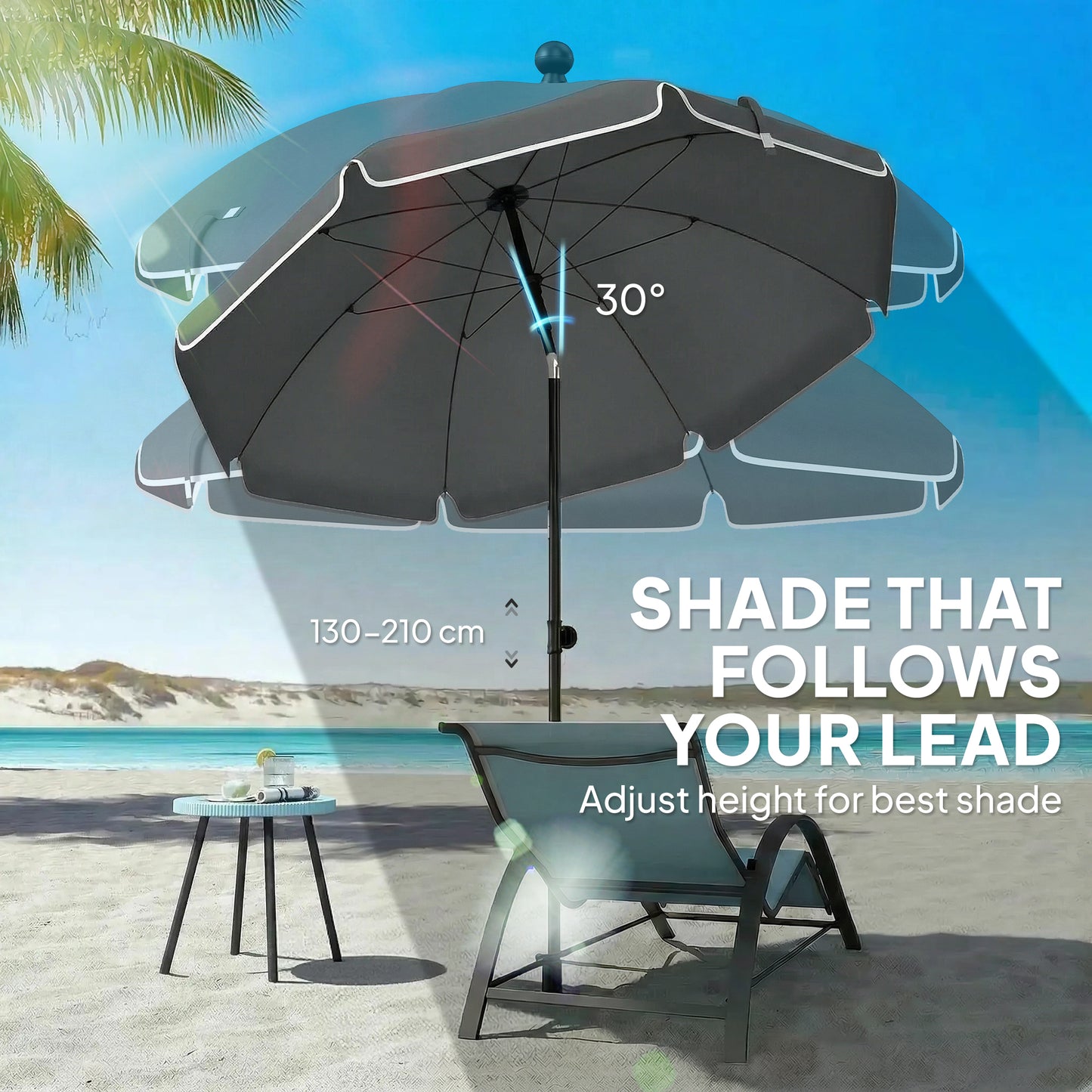 Outsunny 1.8 m Beach Umbrella Parasol with Sand Anchor, Portable 30Â° Tilting Patio Sun Shade with Adjustable Height, Dark Grey