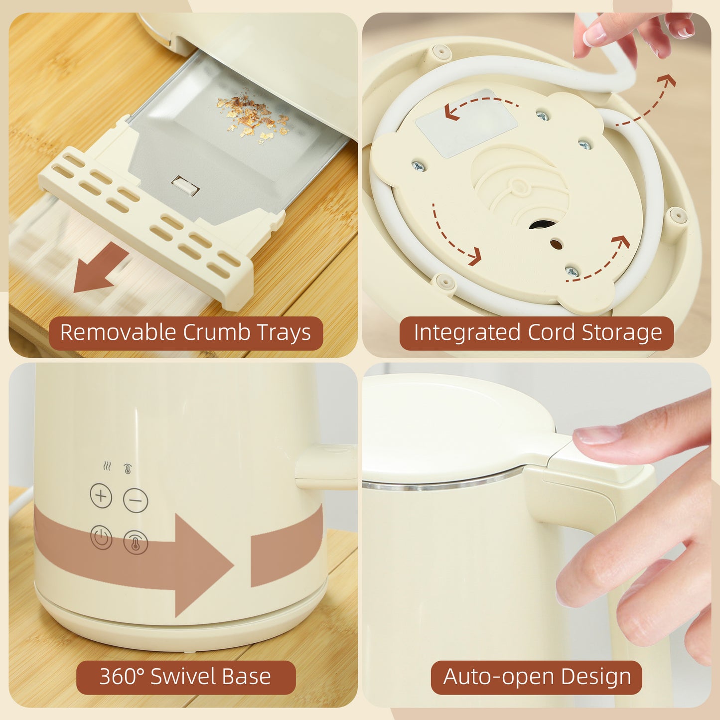 HOMCOM Digital Stainless Steel Kettle and Toaster Set, 1.5L 3000W Fast Boil Kettle, 2 Slice Toaster with 7 Level Browning Controls, Defrost, Reheat, Keep Warm, Crumb Tray and LED Touch Display, Beige