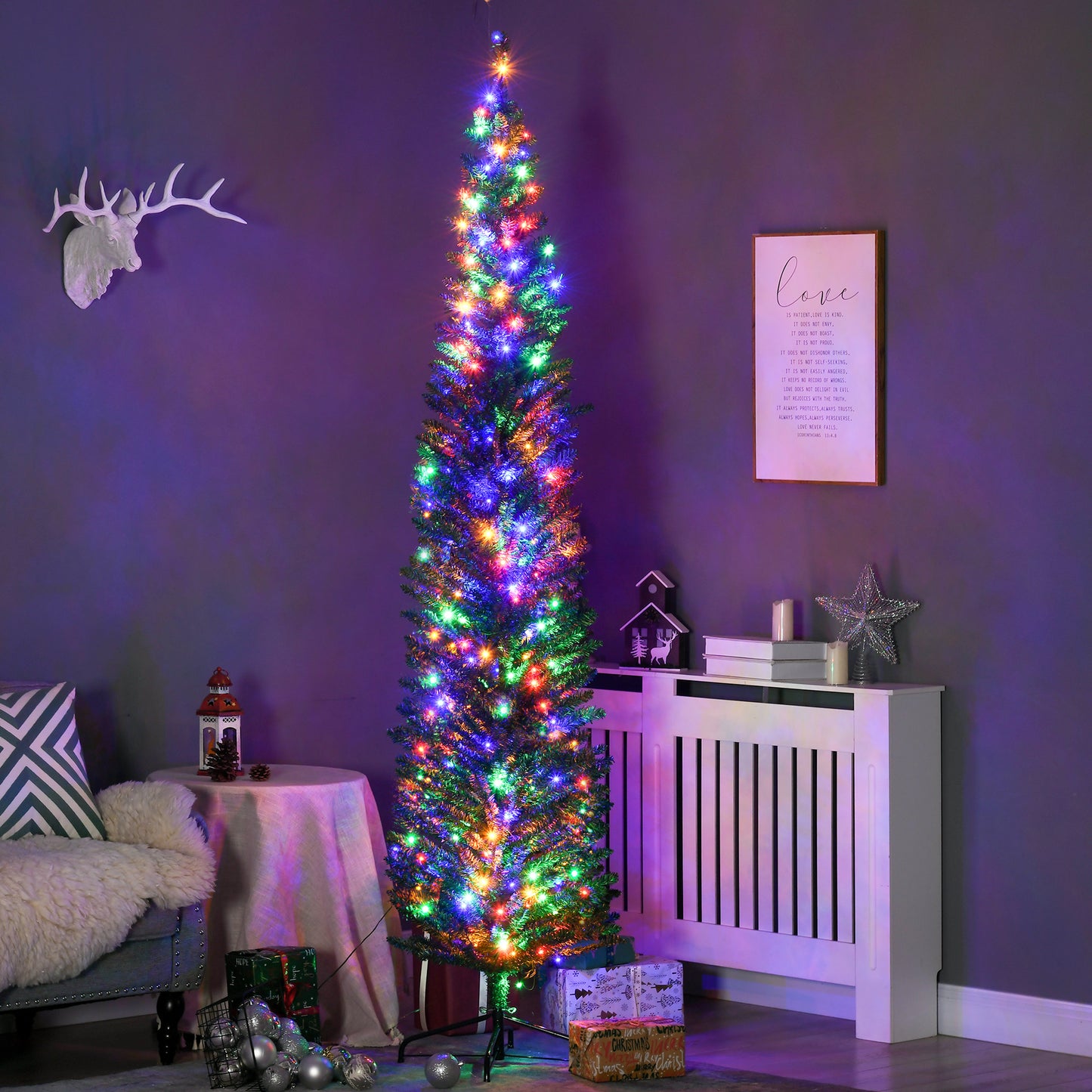 HOMCOM 7.5' Artificial Prelit Christmas Trees Holiday DÃ©cor with Colourful LED Lights, Pencil Shape, Steel Base