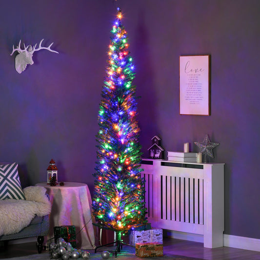 HOMCOM 7.5' Artificial Prelit Christmas Trees Holiday DÃ©cor with Colourful LED Lights, Pencil Shape, Steel Base