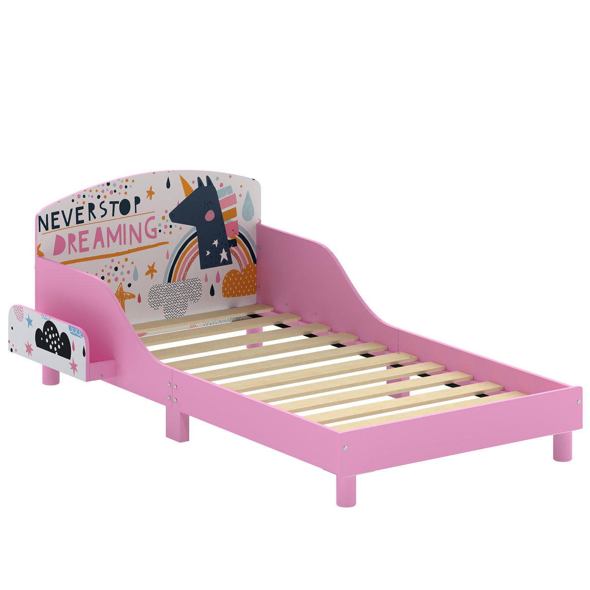 AIYAPLAY Toddler Bed with Bedside Storage and Guard Rails for 3-8, Fits 140 x 70 x 10cm Mattress, Pink Girl Print Default Title