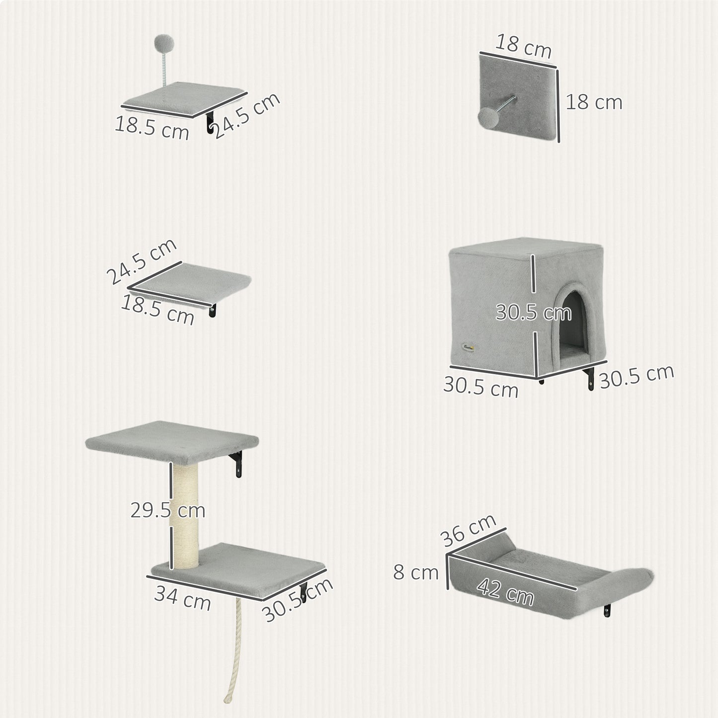 PawHut 6-Piece Cat Wall Shelves Set with Condo, Cat Wall Furniture with Platforms, Sisal Scratching Post, Bed, Toy Ball, Grey