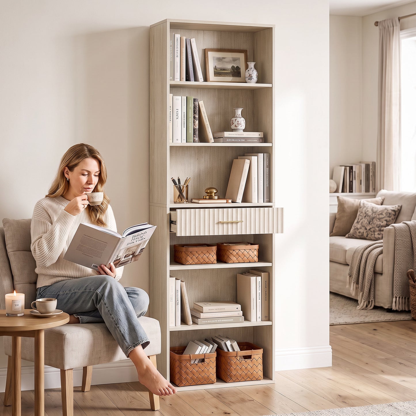 HOMCOM Bookcase Narrow Tall Space-Saving Bookshelf Drawer Open Shelves 60 x 24 x 182 cm Oak Wood Effect