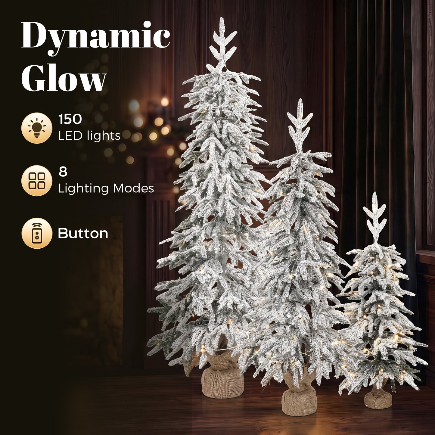 HOMCOM Prelit Flocked Artificial Christmas Tree Set of 3 Snowy Xmas Tree Warm White LED Lights (3FT+4FT+5FT)