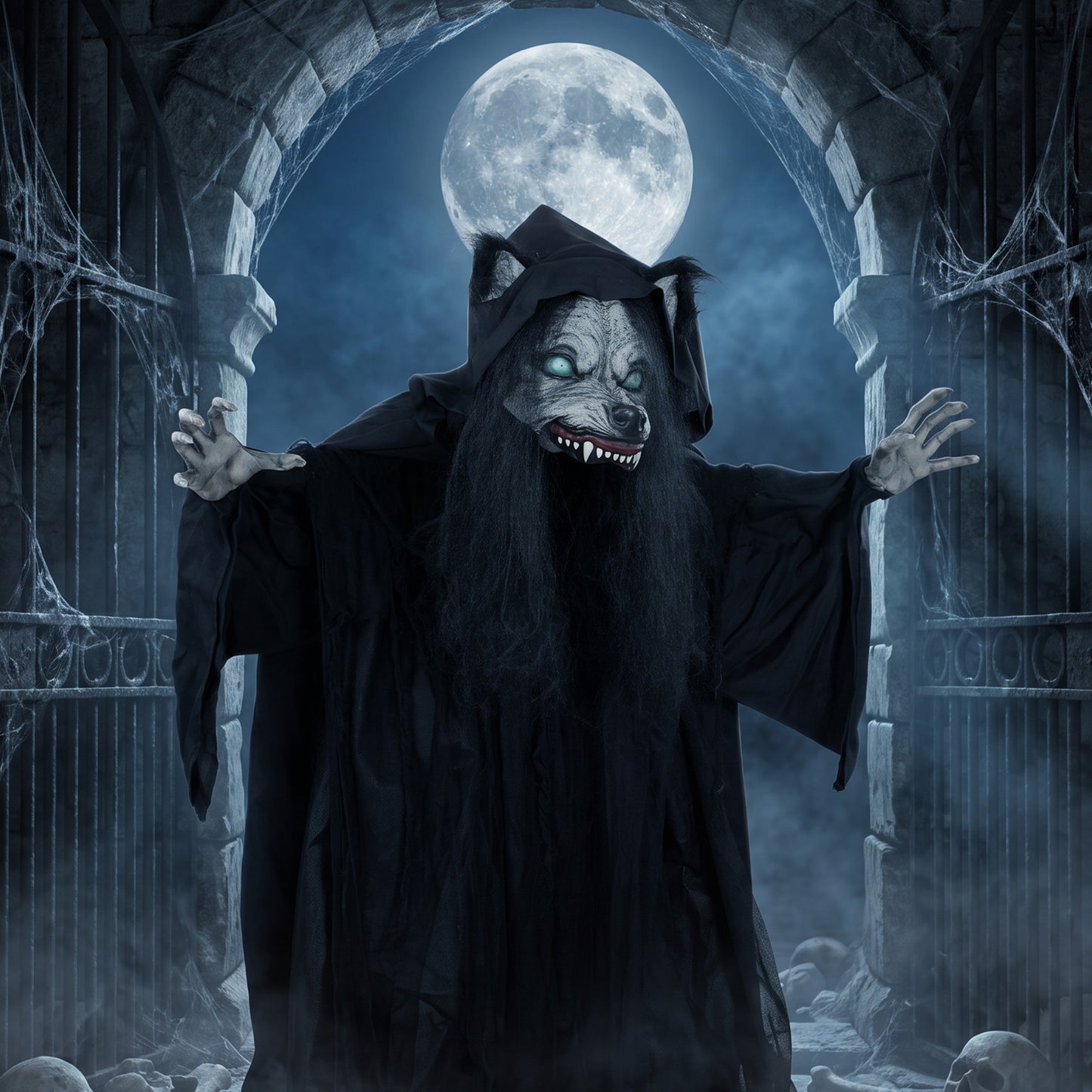 HOMCOM 67"/170cm Life Size Animated Ghost with Werewolf Mask, Halloween Decorations Outdoor Indoor, Scary Halloween Animatronic