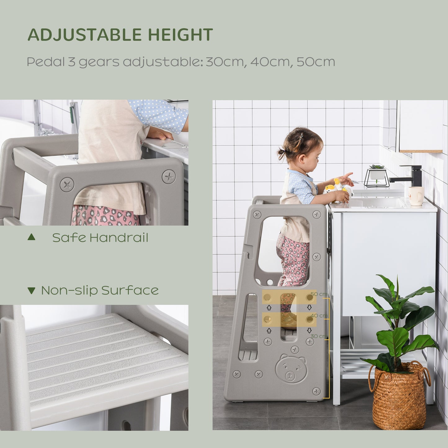 HOMCOM Kids Step Stool, with Adjustable Platform and Non-Slip Mat â€“ Grey