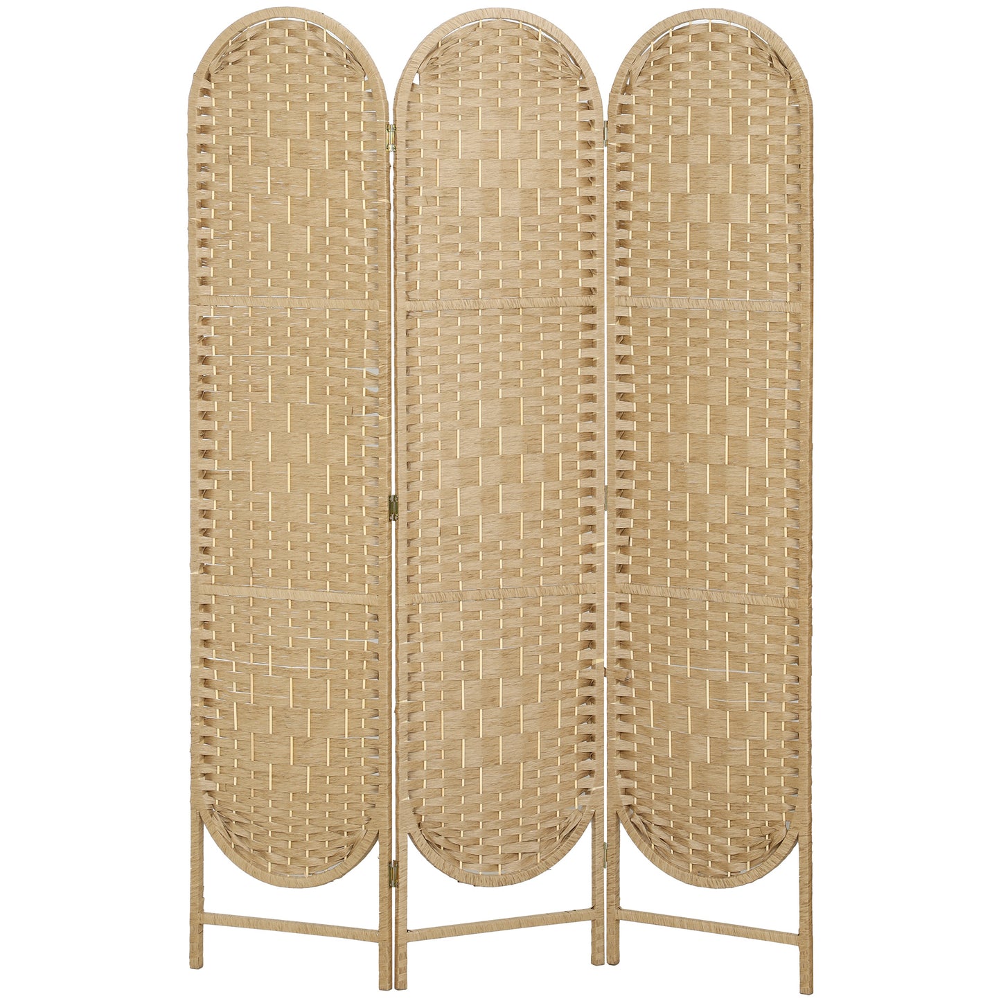 HOMCOM Indoor Oval 3-Panel Room Divider 120 x 170 cm Folding Lightweight Woven Partition, Natural Wood
