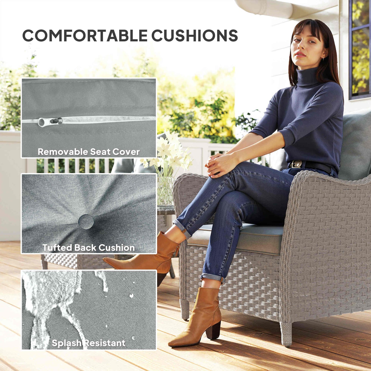 Outsunny Rattan Garden Chairs Set of 2, Outdoor Rattan Chairs with Cushions, Armrests and High Back, PE Wicker Garden Armchair with Steel Frame for Balcony, Porch, Light Grey